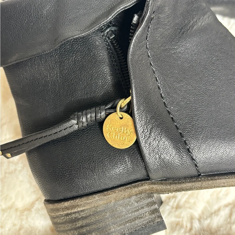 See By Chloe Black Leather Moto Ankle Boots